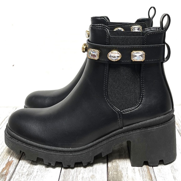 New Black Jewel Collar Chelsea Ankle Boots Booties - Picture 2 of 4